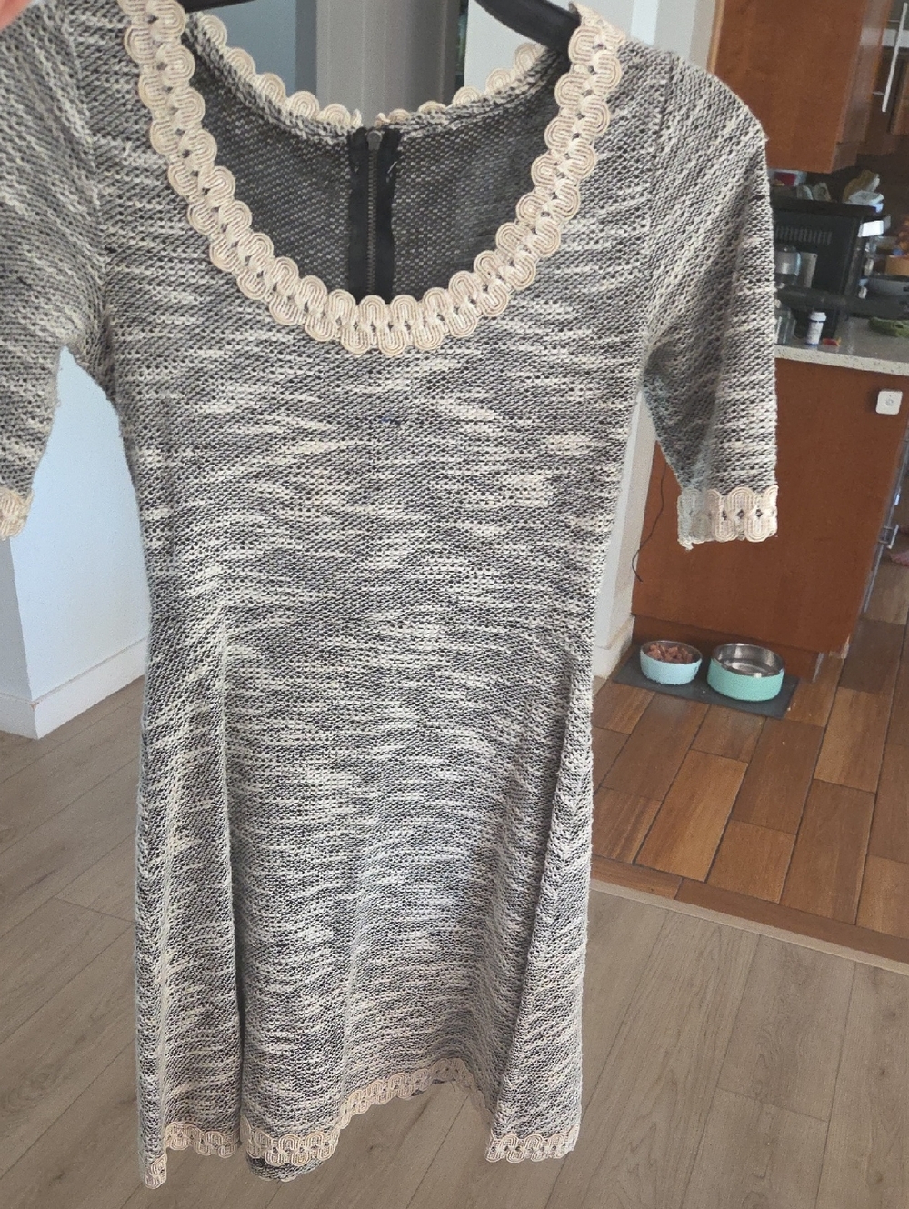 Textured Gray Midi Dress with Cream Trim